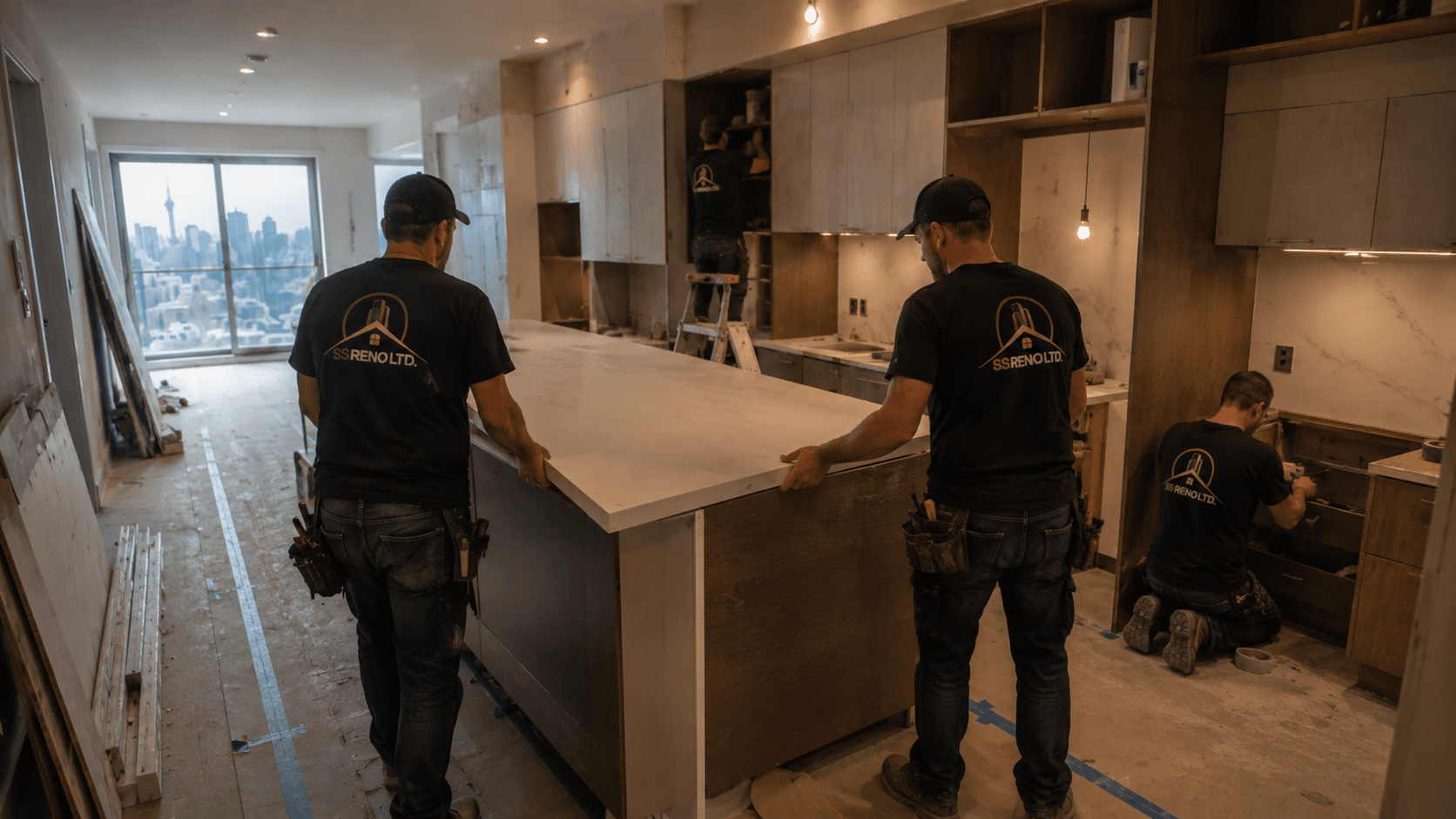 SS RENO LTD. crew installing a kitchen island and cabinetry during a condo renovation
