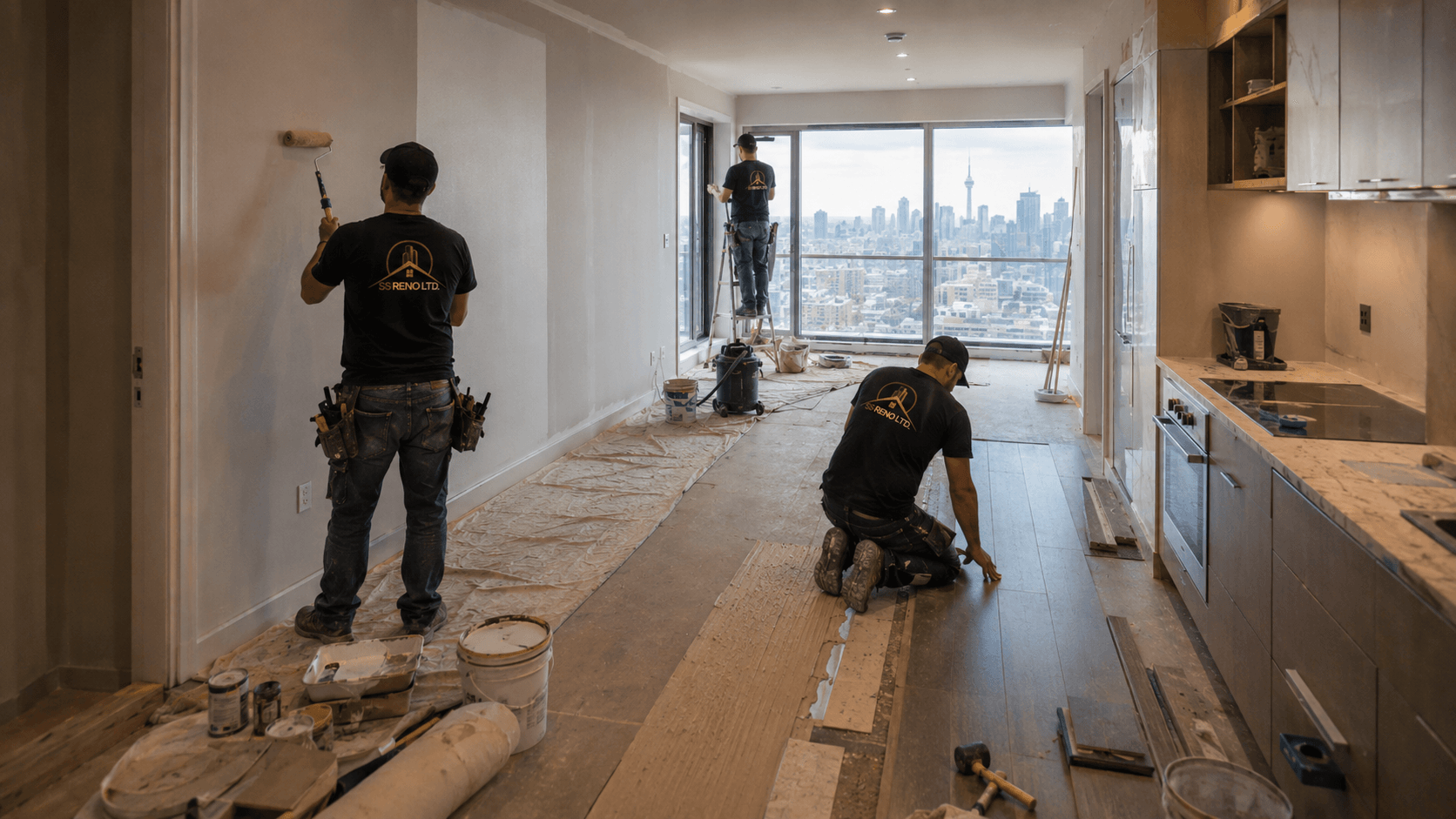 SS RENO LTD. crew painting walls and preparing flooring in an open condo renovation