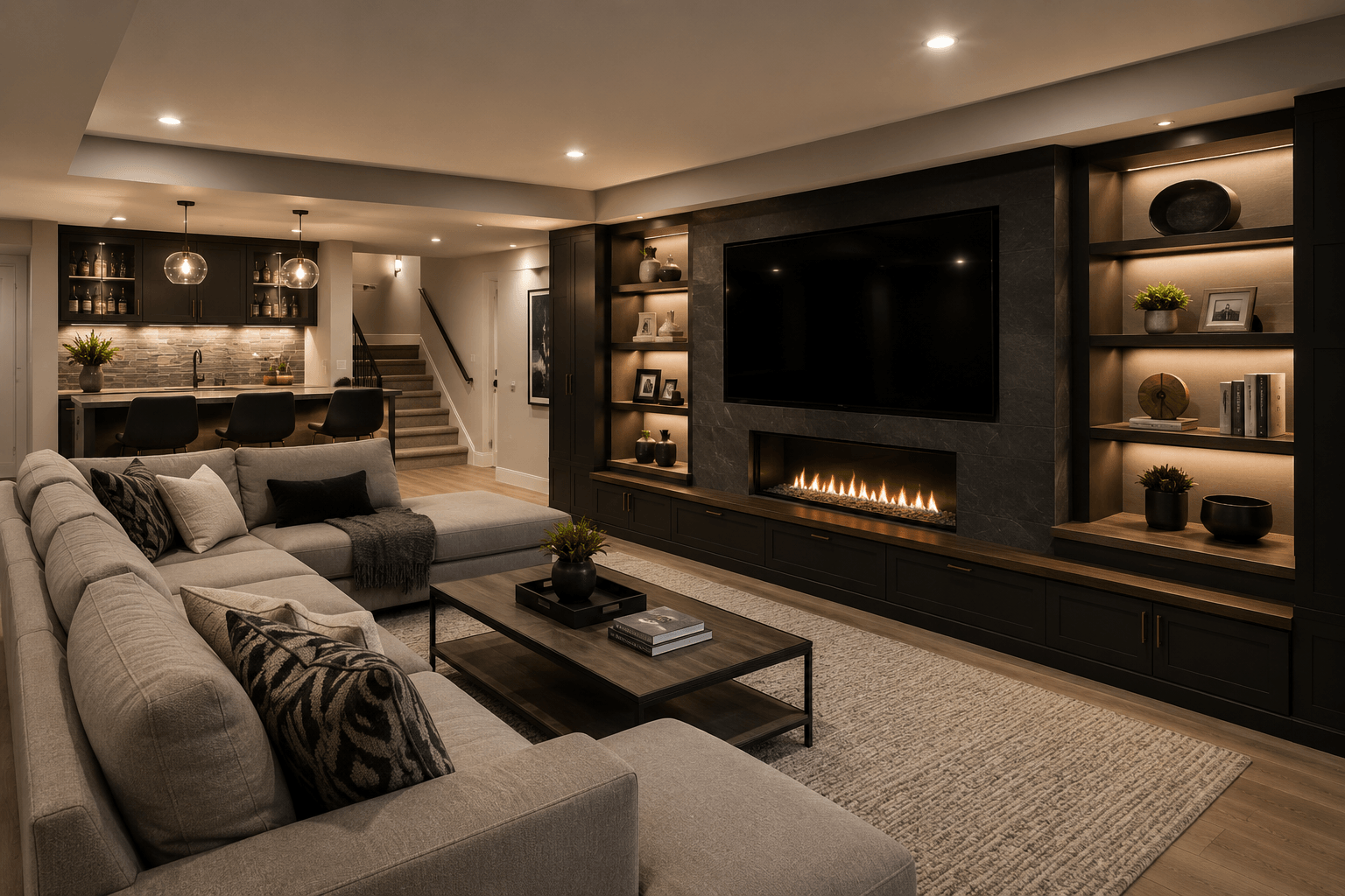 Finished basement renovation with lounge space and built-ins