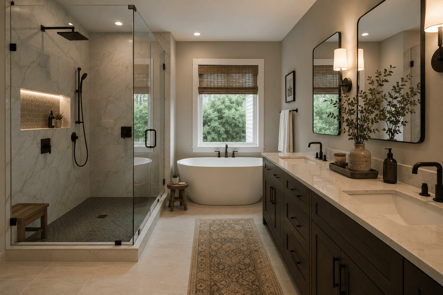 Completed bathroom renovation with glass shower, freestanding tub, double vanity, and warm lighting