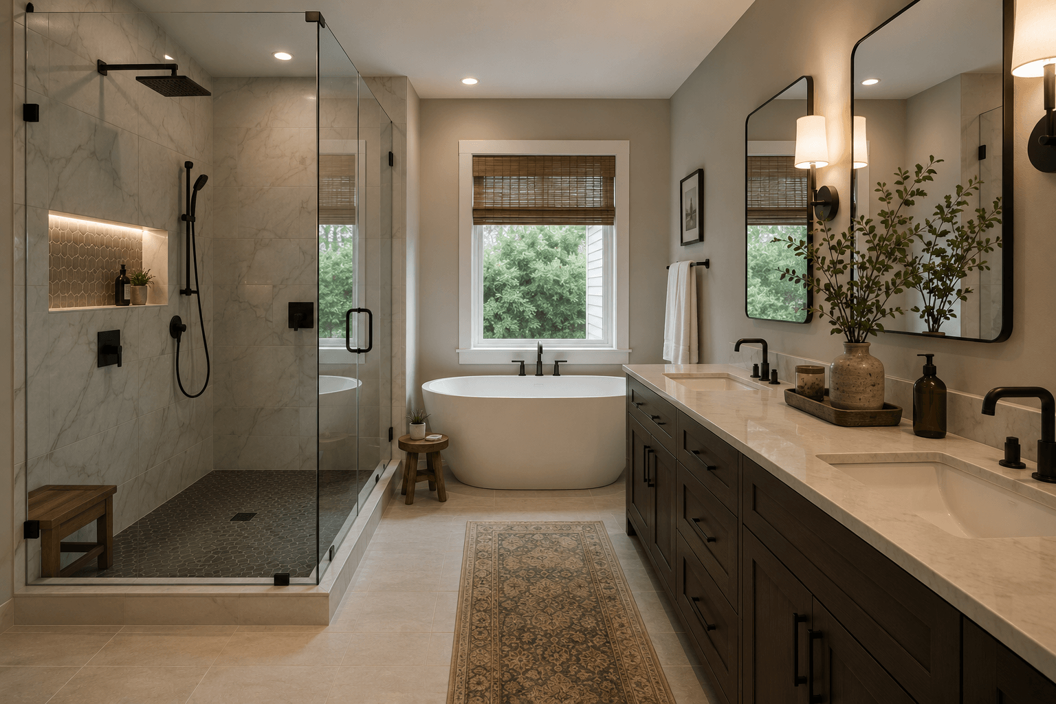 Completed bathroom renovation with freestanding tub and glass shower