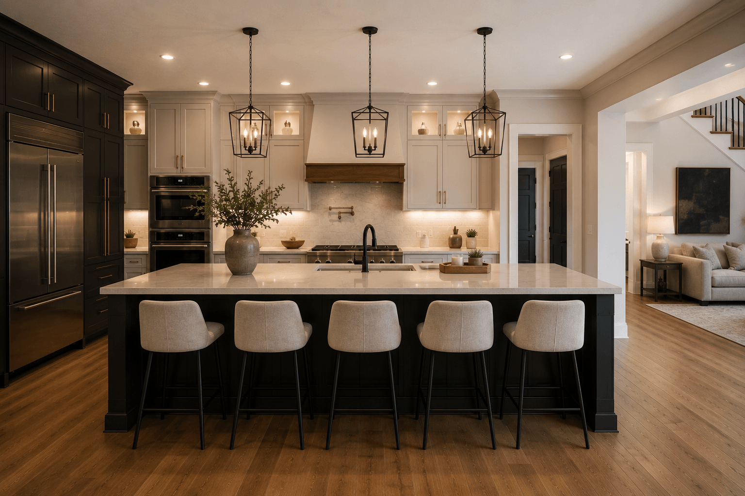 Open-concept kitchen renovation with large island and pendant lighting