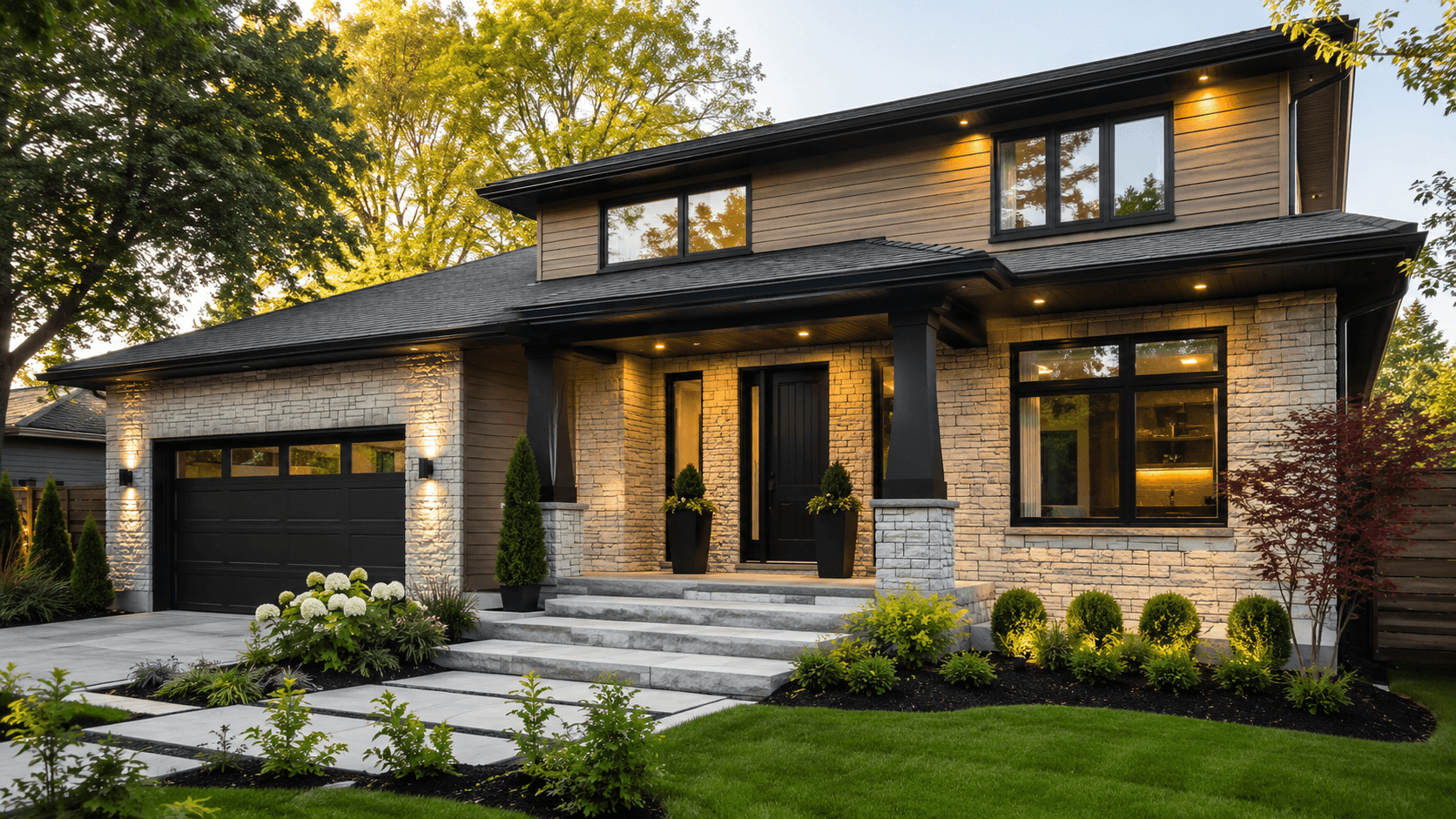 Exterior renovation with modern facade and warm entry lighting