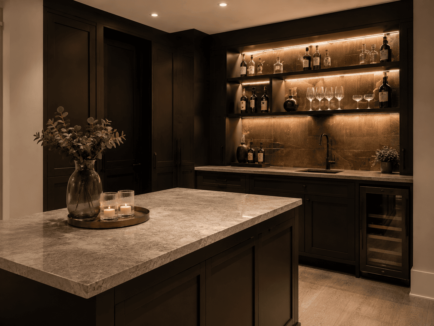 Finished basement wet bar with dark cabinetry, stone counter, and warm shelf lighting
