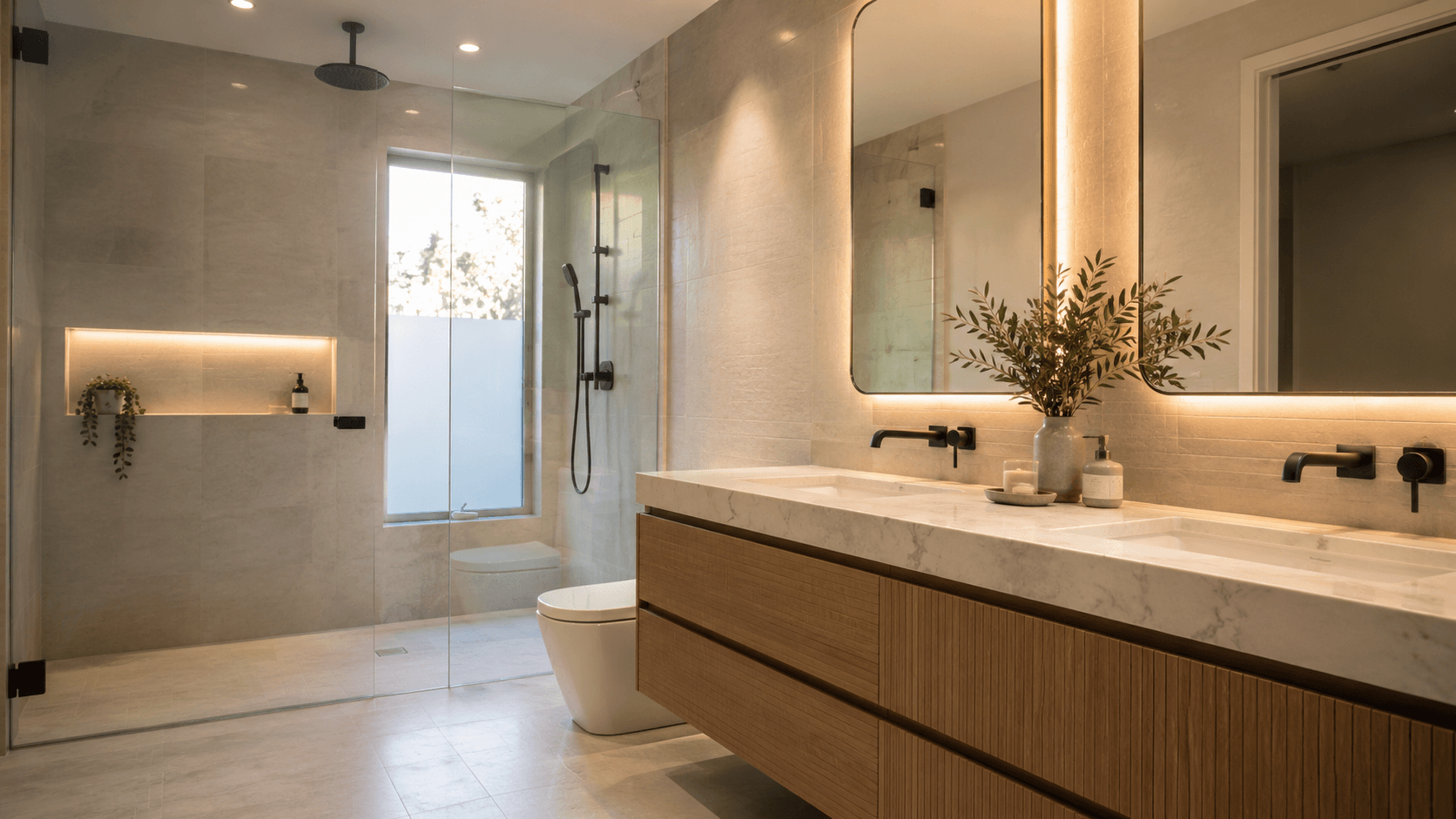 Finished bathroom renovation with vanity, glass shower, stone surfaces, and warm lighting