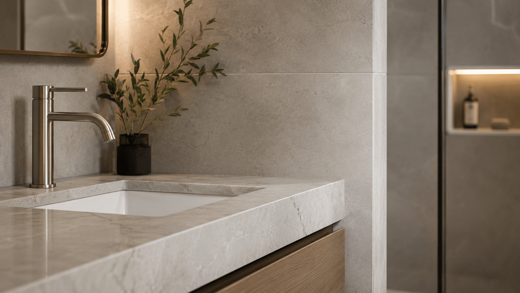 Bathroom stone vanity and fixture detail with clean premium finishes