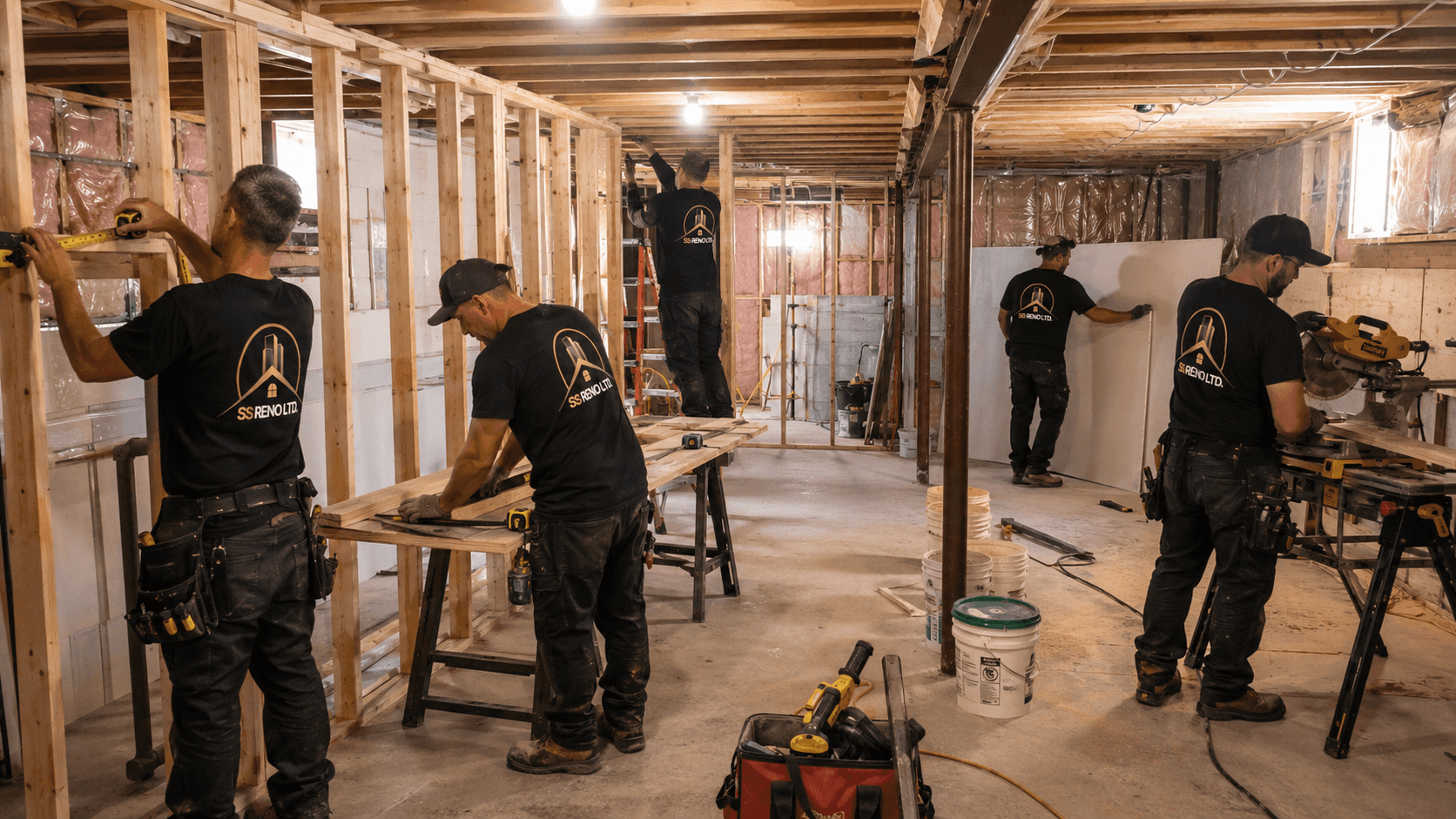 Basement before renovation with unfinished lower-level framing, exposed ceiling, and work-in-progress conditions