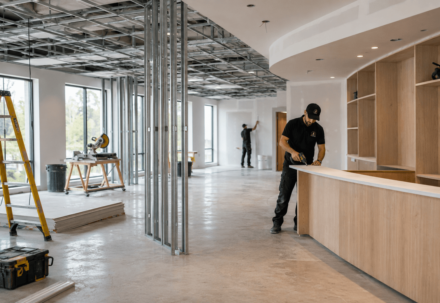 Commercial buildout with clean interior finishes and organized renovation work