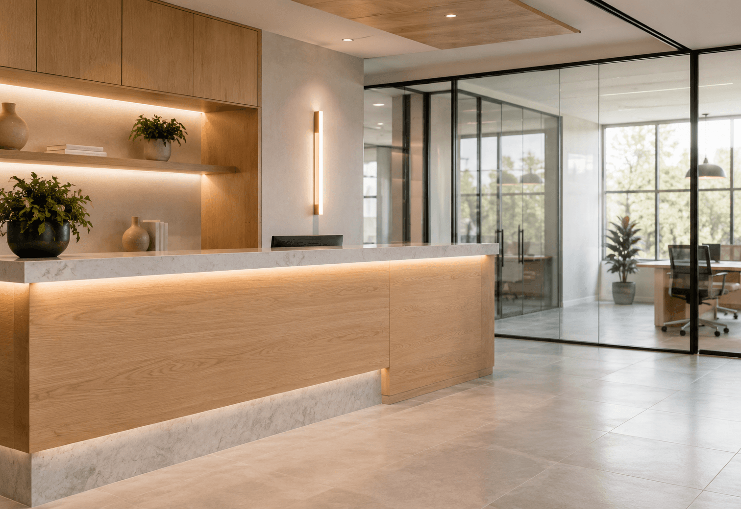 Completed commercial reception area with warm wood, glass, and clean finish details