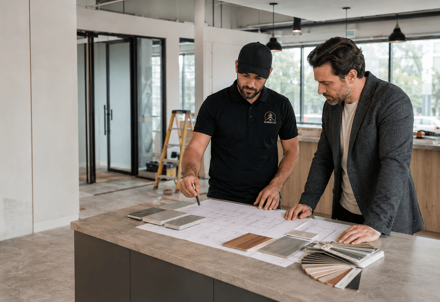SS RENO LTD. contractor reviewing commercial renovation plans with a business owner