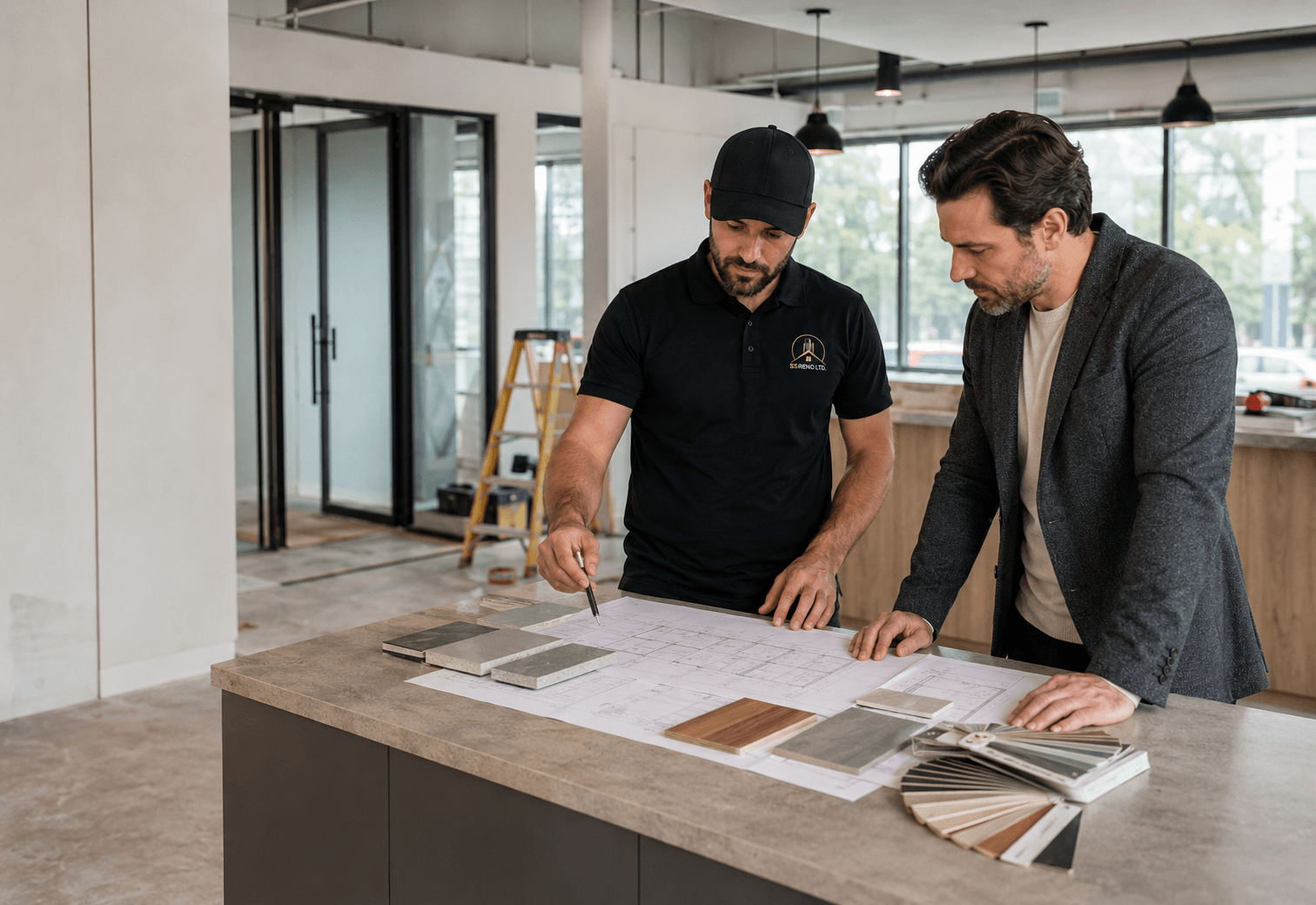 SS RENO LTD. reviewing commercial renovation plans with a business owner