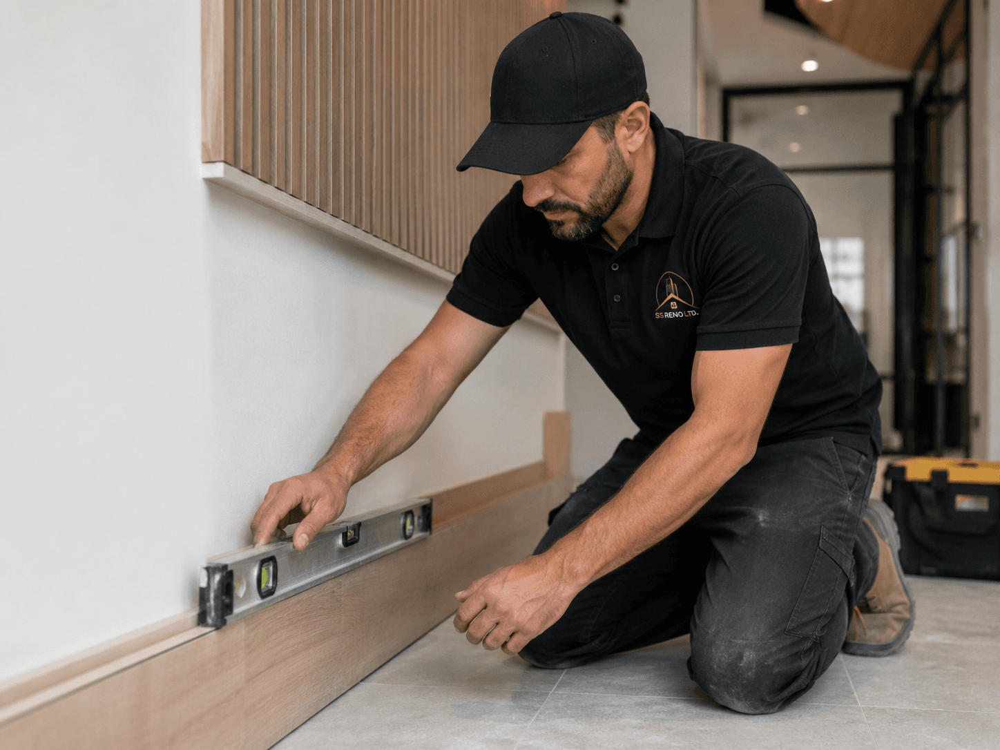 SS RENO LTD. worker checking commercial trim alignment with a level