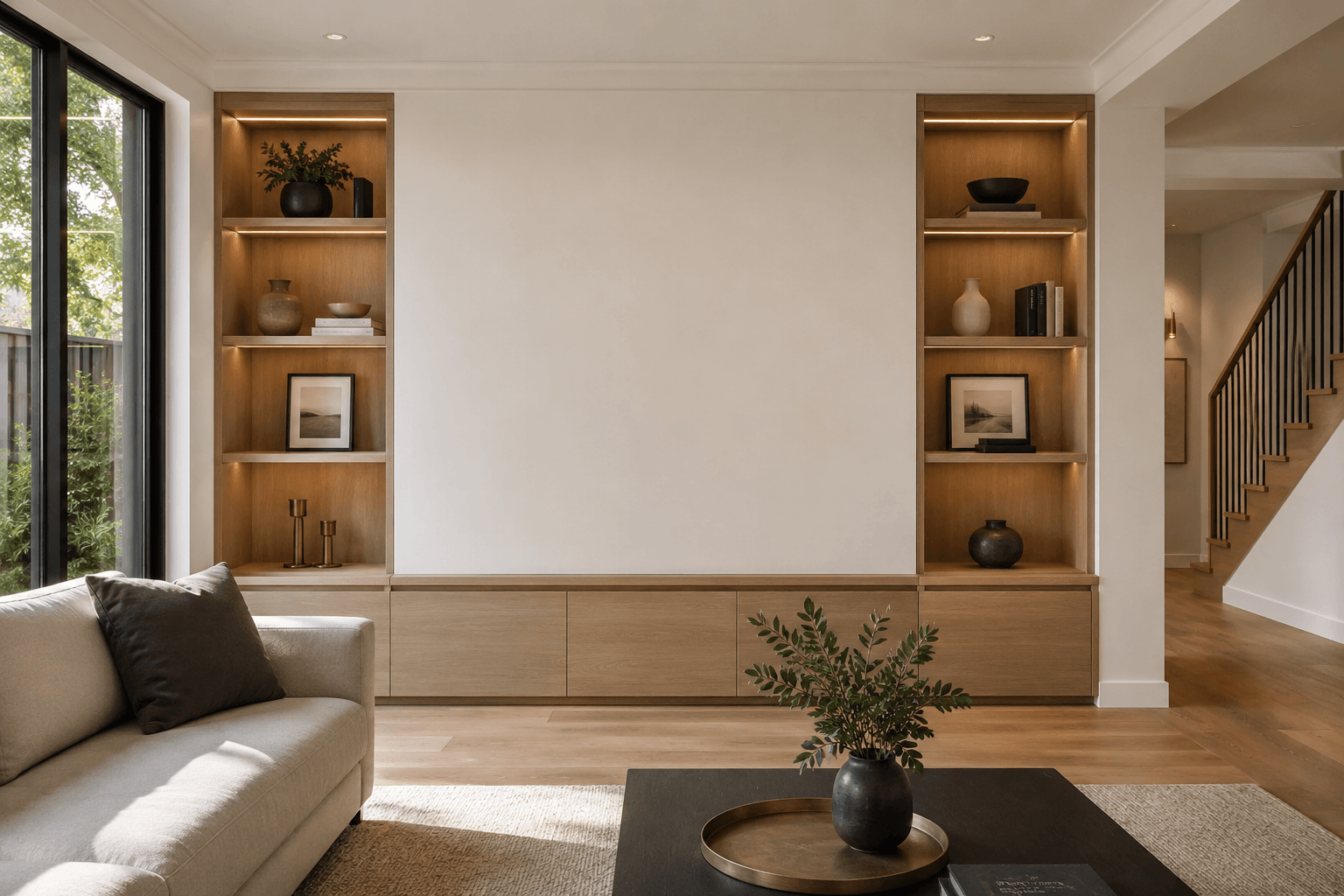 Warm custom built-in shelving with clean cabinetry and integrated lighting