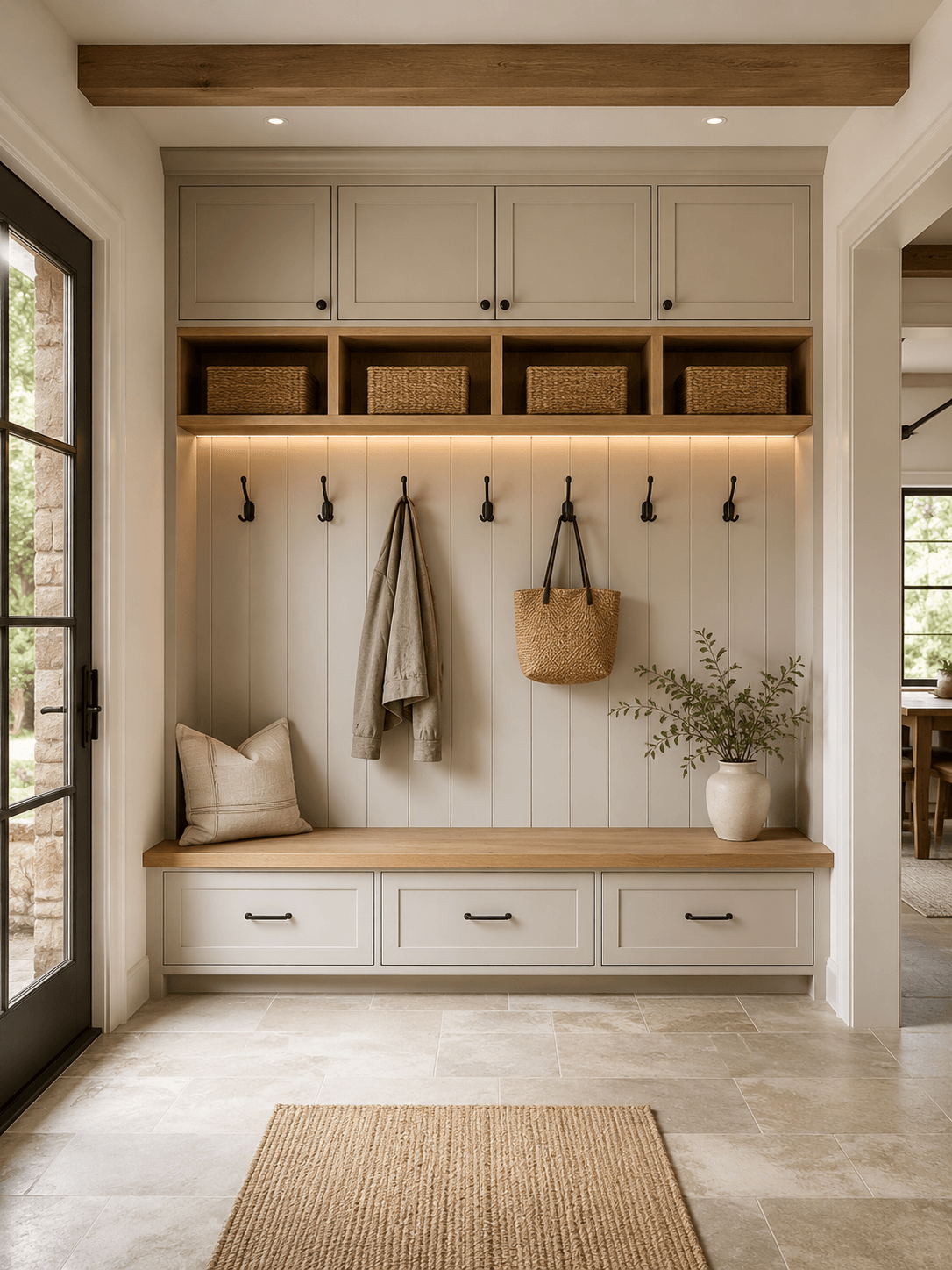 Custom mudroom built-in storage with bench, hooks, cubbies, and warm shelf lighting