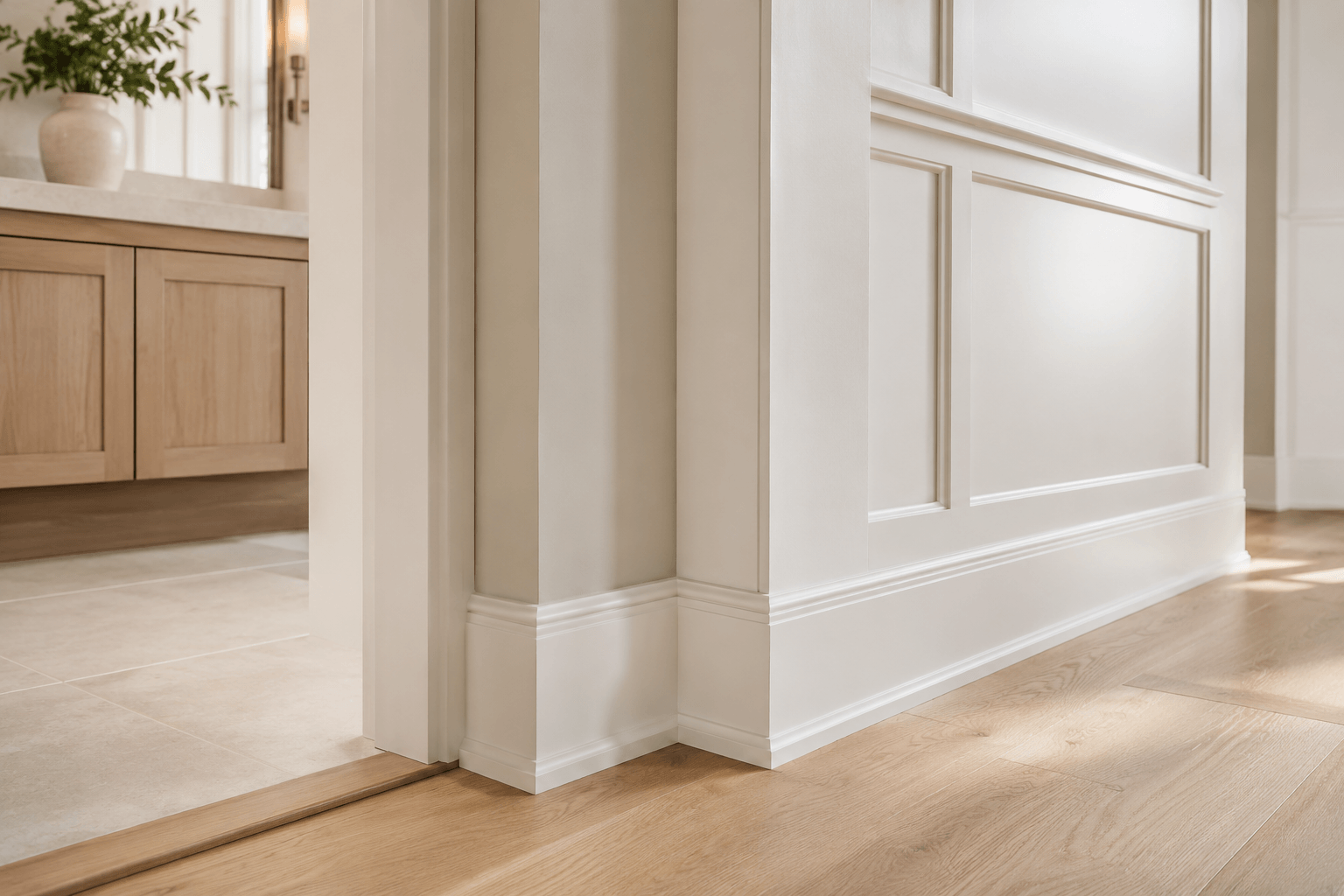 Light trim and panel detail with clean casing, baseboard, and warm wood floor