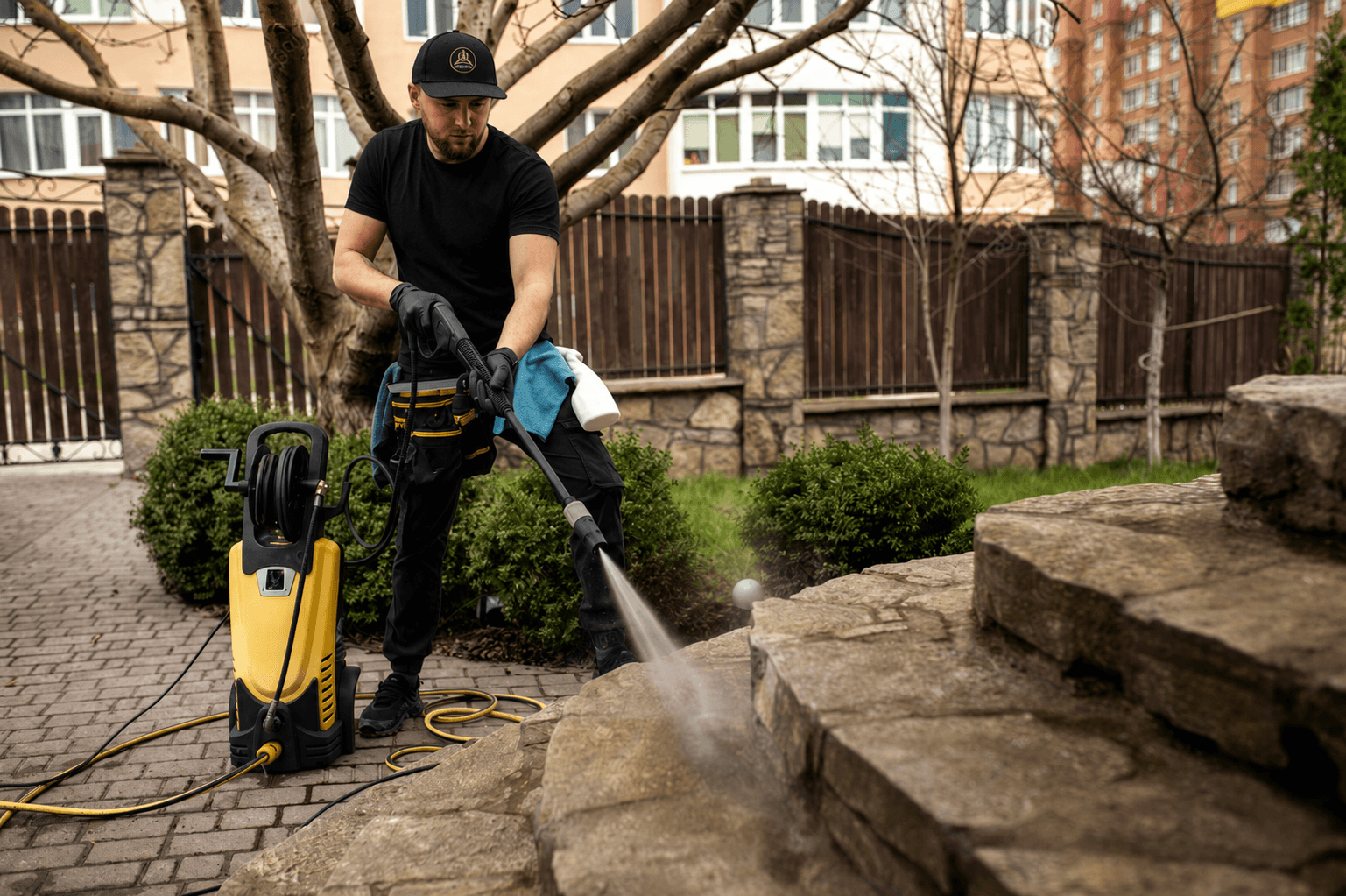 SS RENO LTD. crew power washing exterior concrete and patio surfaces