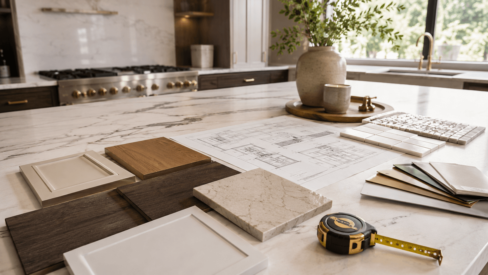Kitchen renovation planning materials, samples, and layout notes on a work surface