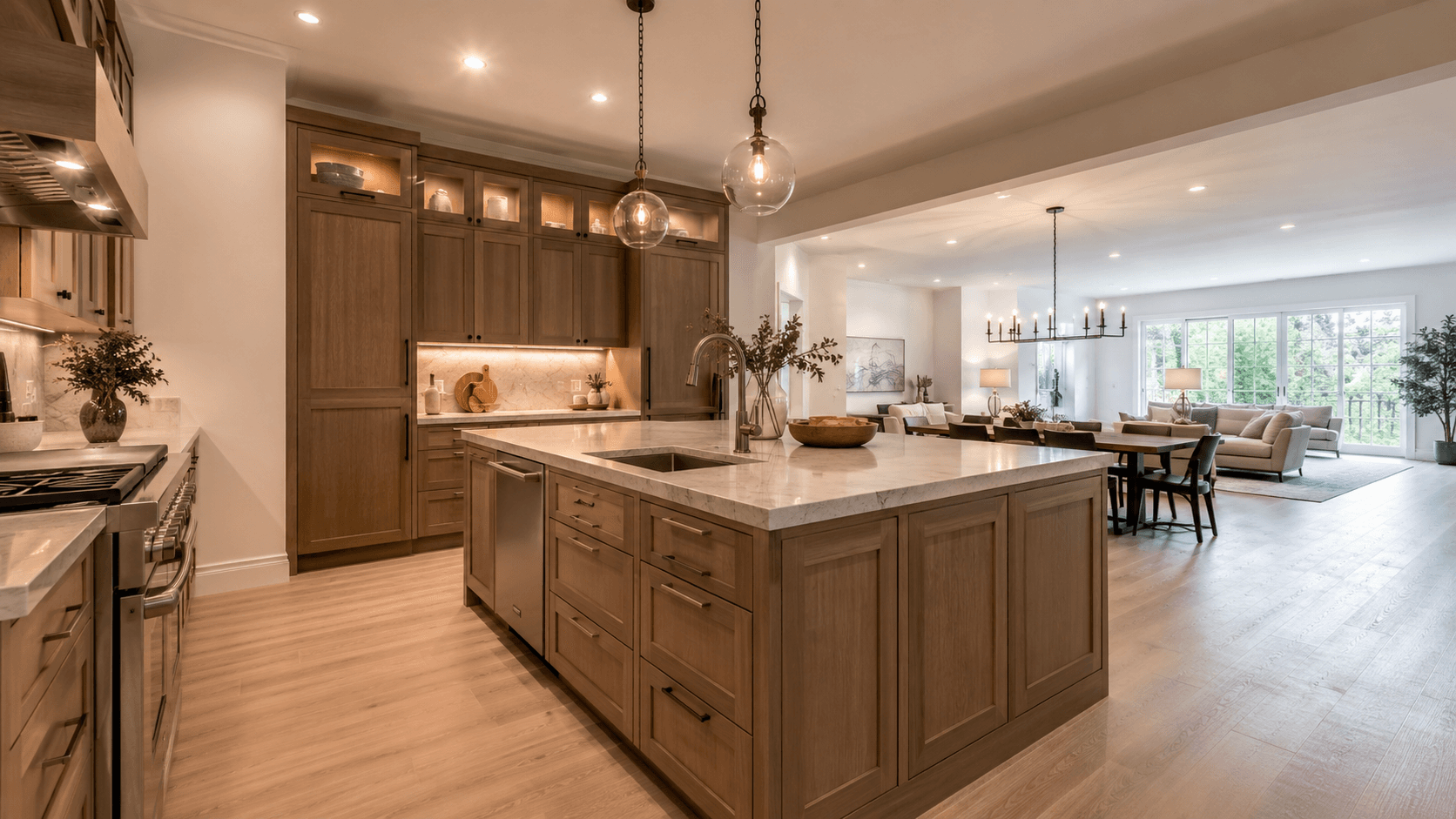 Open-concept kitchen renovation with oak cabinetry, island, and connected living space