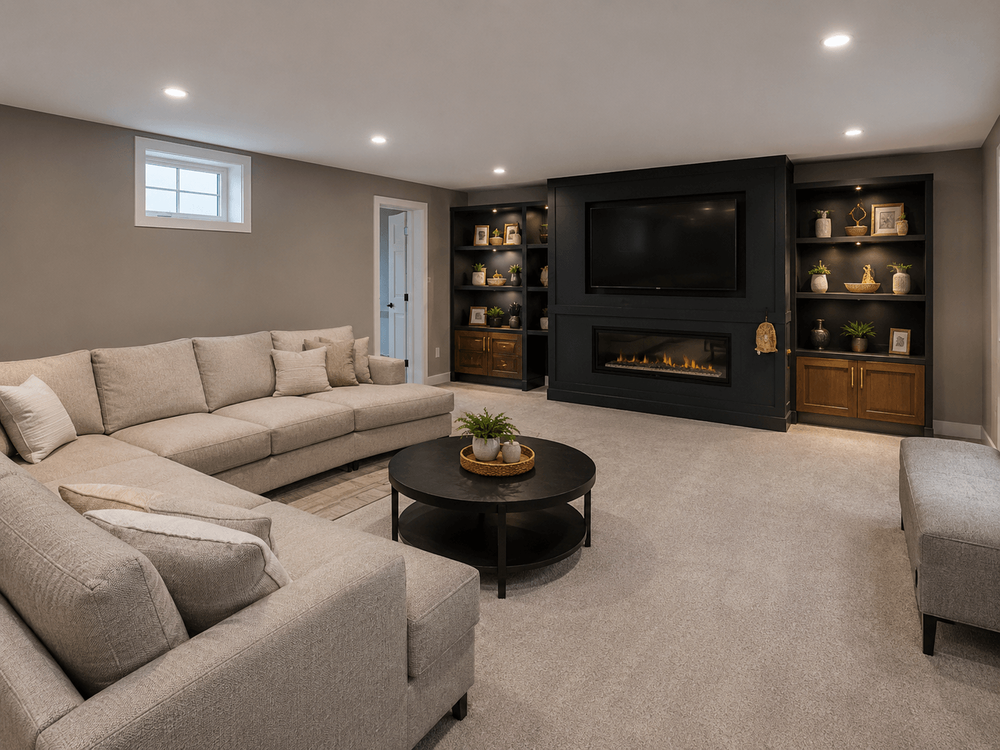 Finished basement renovation with a media wall and comfortable living area