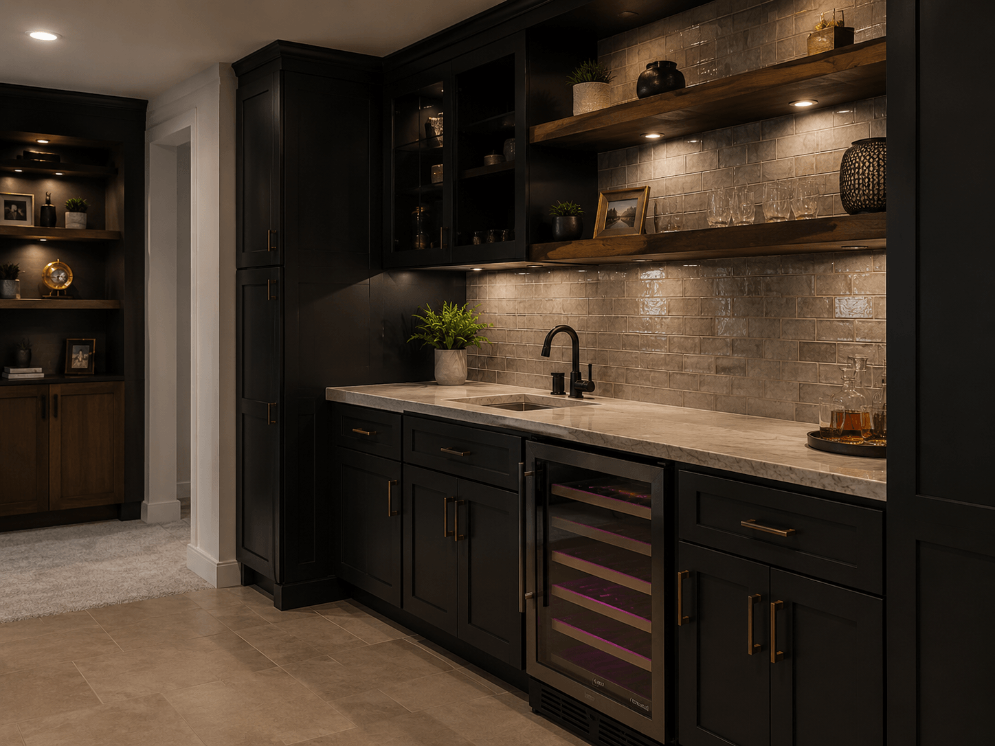 Basement wet bar renovation with built-in storage